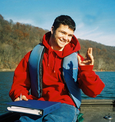 Ben Ledewitz out on the river throwing a peace sign